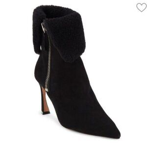 Alexandre Birman Mirabella 85 Black Curvy Shearling Suede Booties IT 39/US 8-8.5